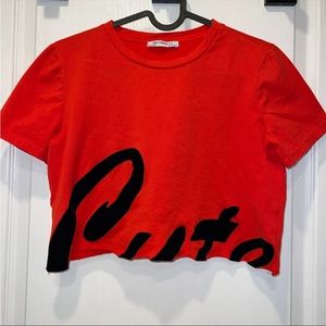 Zara red cropped “cute” T-shirt